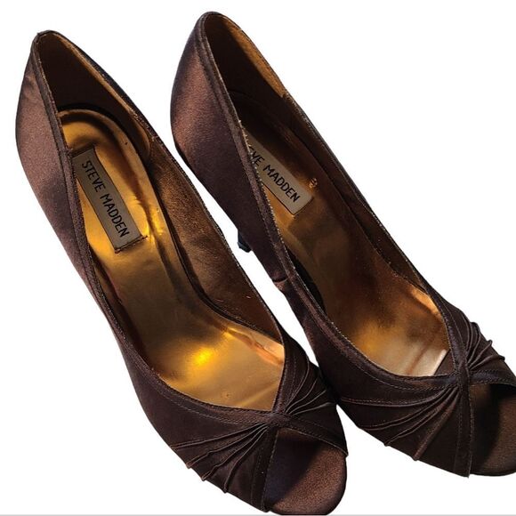 STEVE MADDEN Shoes Chocolate Bronze Satin 4" Peep Toe Heels sz 8.5M - Picture 7 of 13